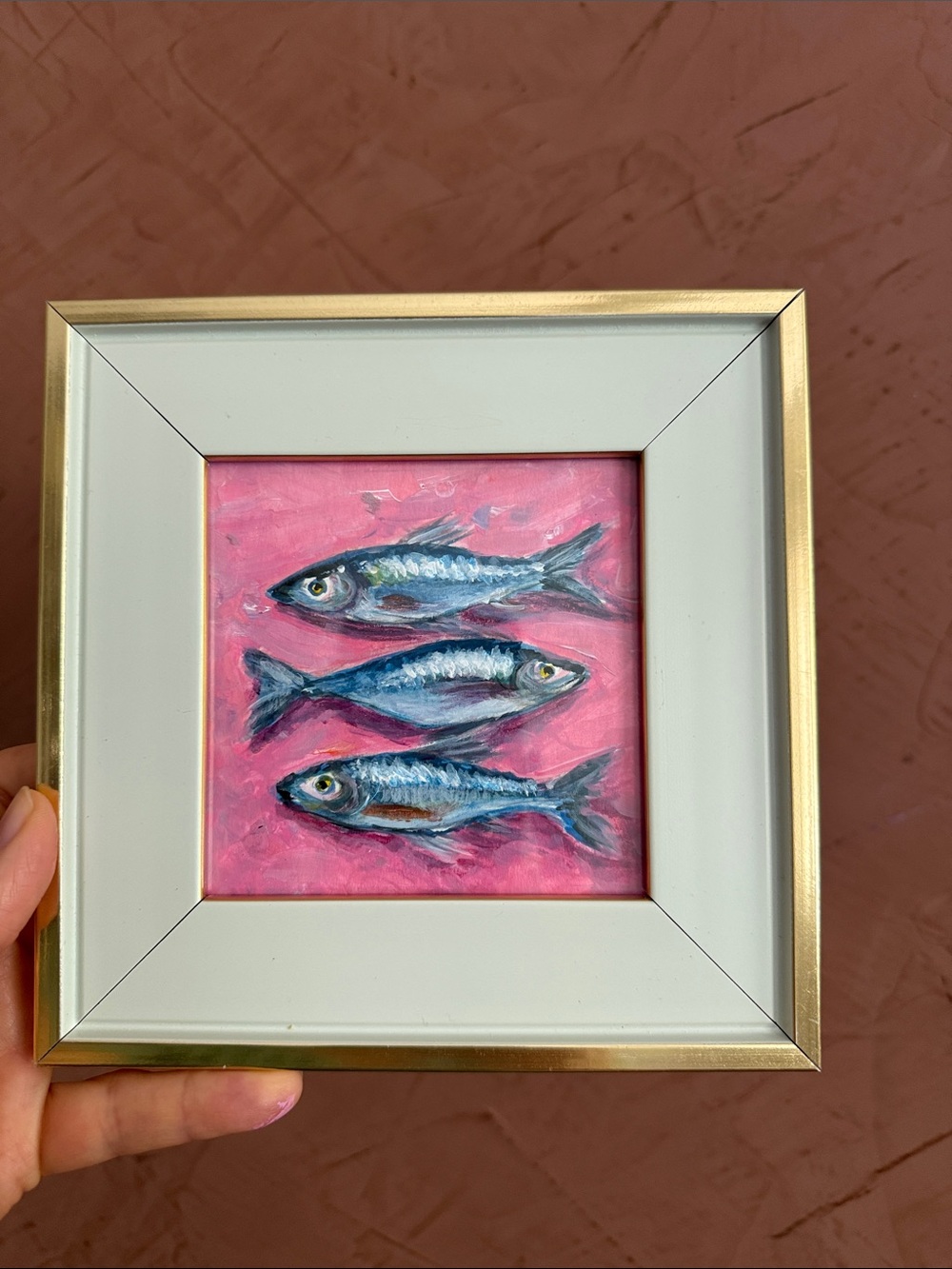 Framed Blue Fish Wall Art on Pink Background - Decorative Pets Fish Print